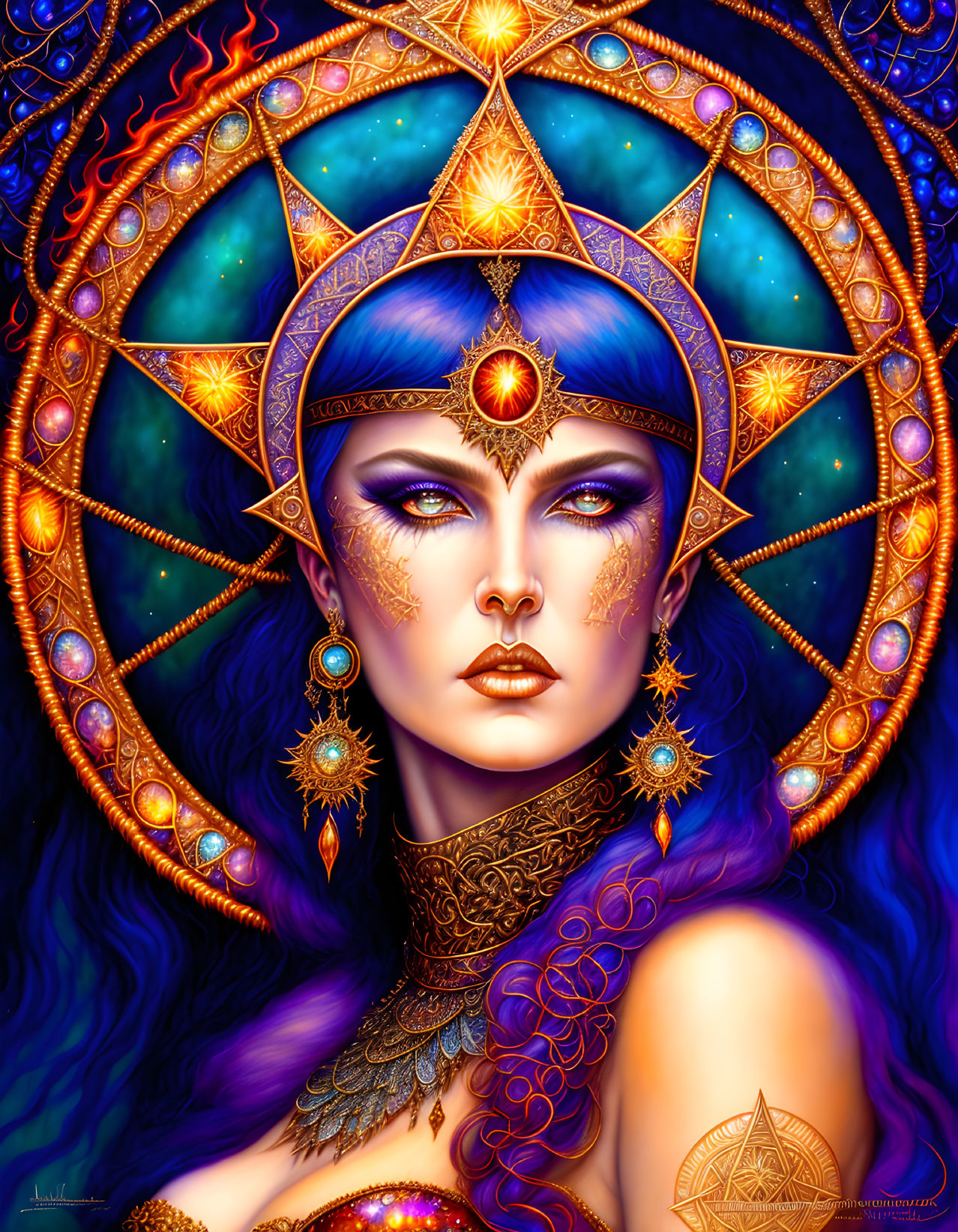 Colorful Artwork: Woman with Blue Skin and Golden Headdress on Cosmic Background