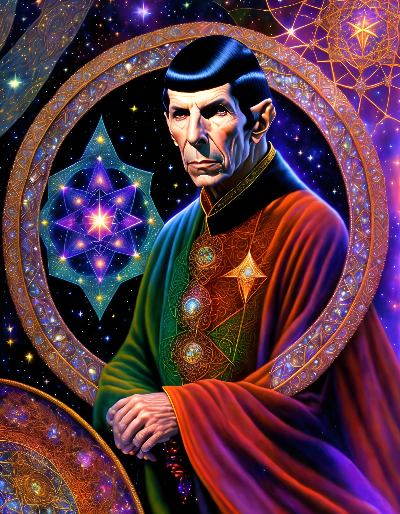 Male character in futuristic uniform with medals against cosmic backdrop