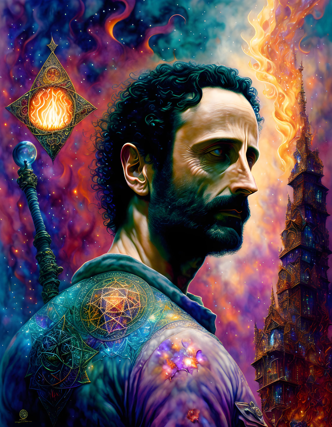 Surreal portrait of a bearded man in cosmic setting with fiery lantern