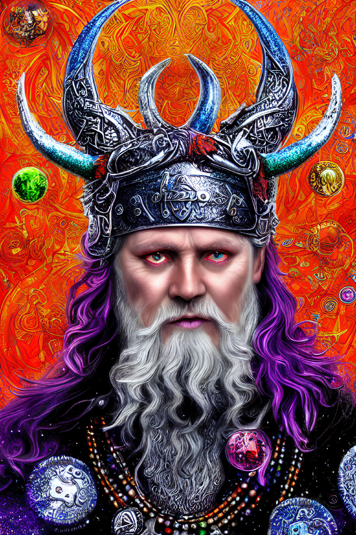 Colorful portrait of a man in horned helmet with intricate designs, against psychedelic backdrop