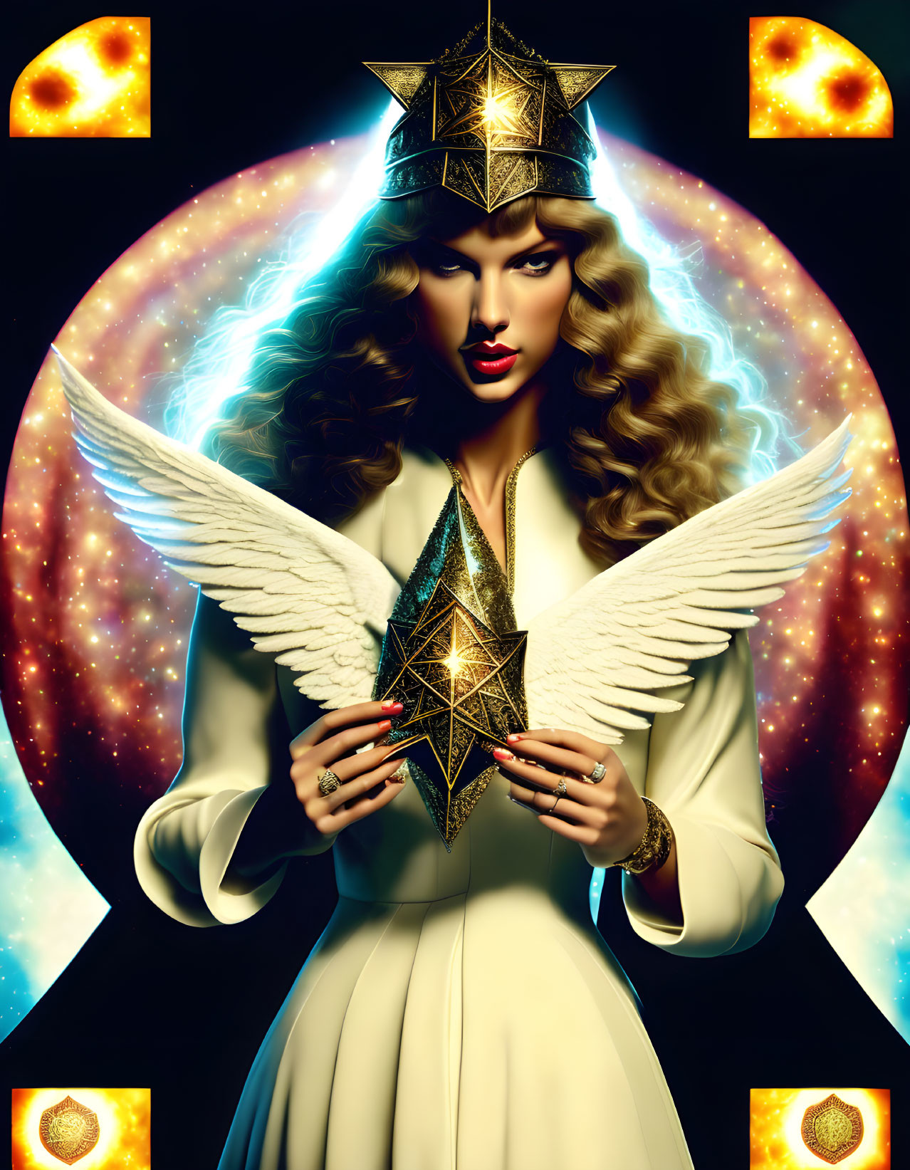 Mythical woman with angelic wings and golden armor holding a star in cosmic setting