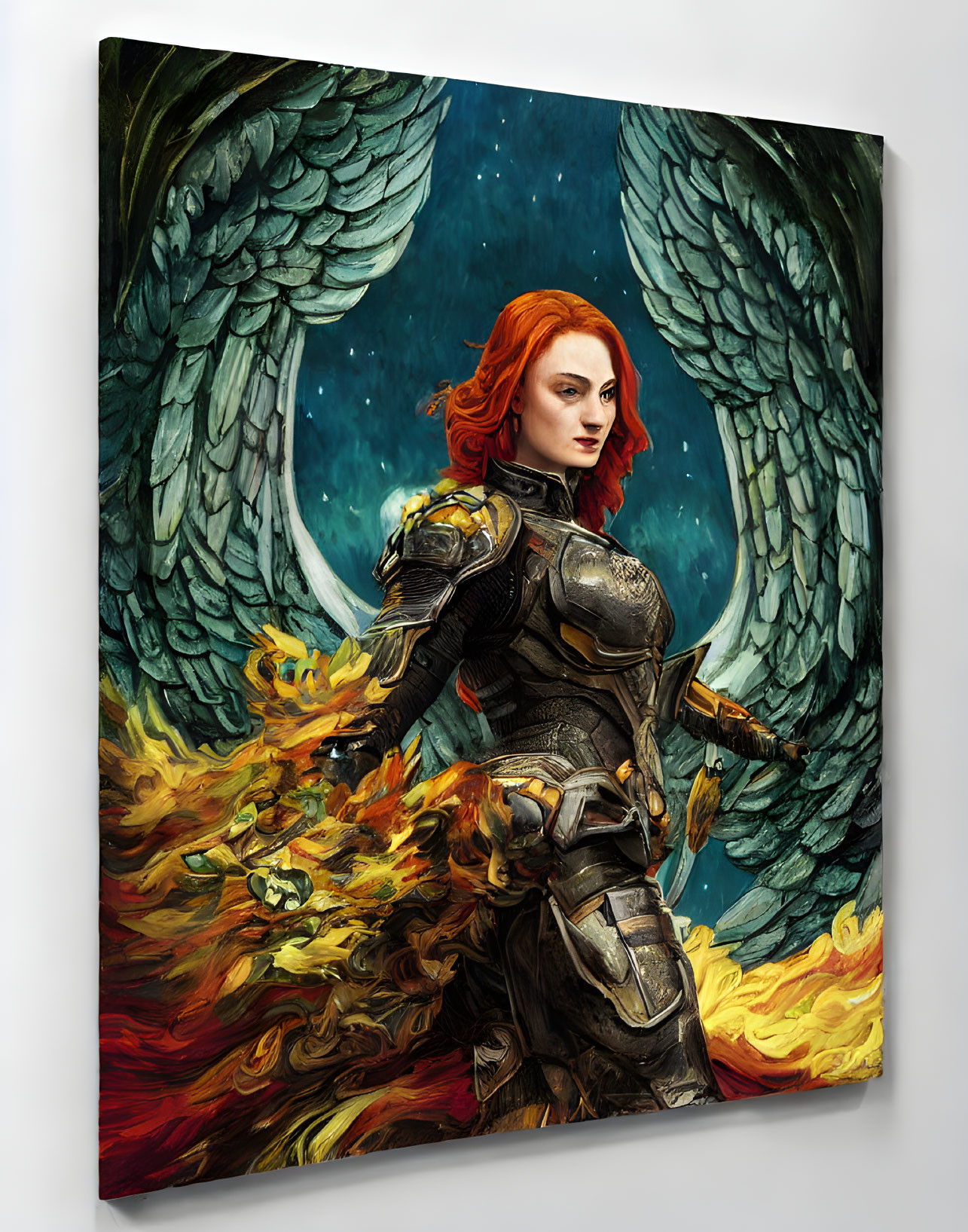 Warrior with Wings in Armor Against Starry Backdrop, Fiery Red Hair