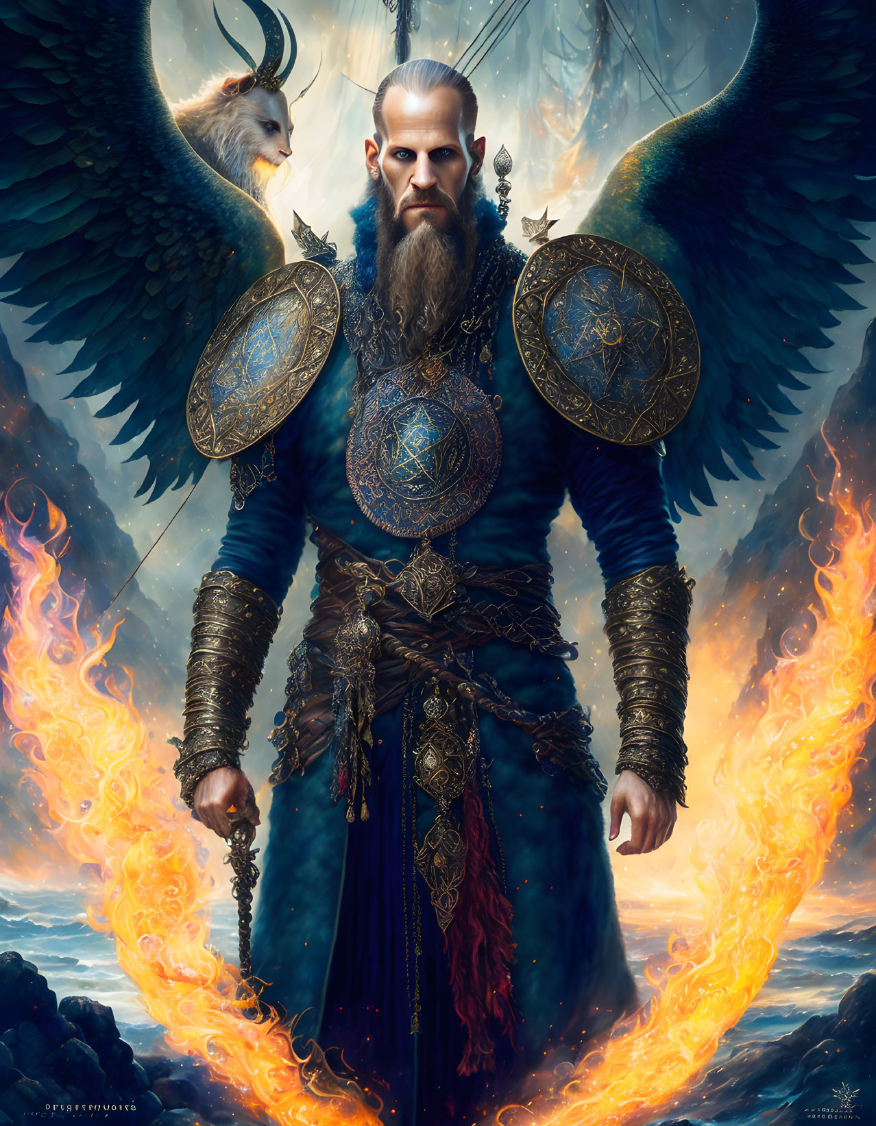 Majestic warrior in blue armor with fire, winged lion, and eagle.