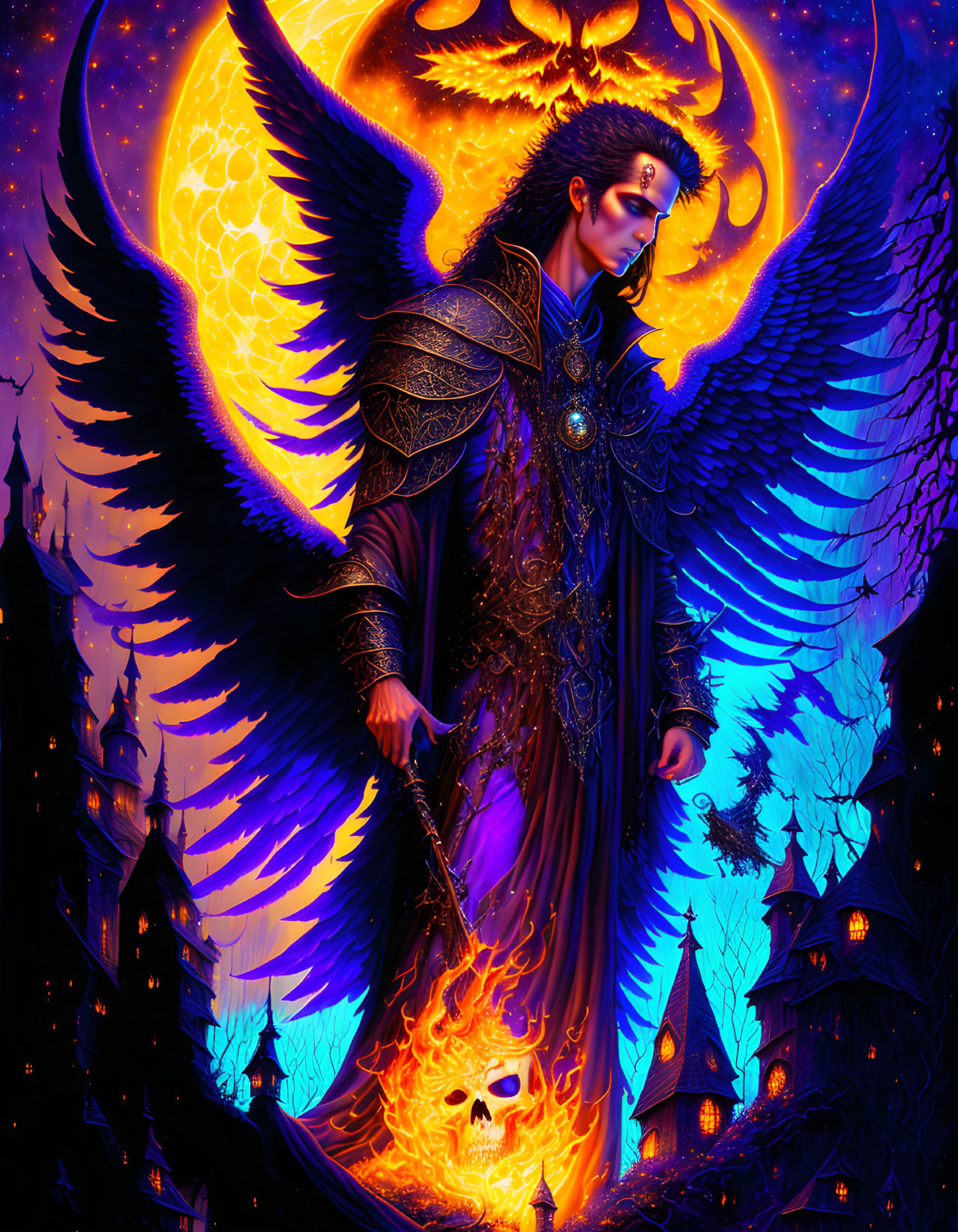 Majestic angelic figure with glowing wings and flaming sword in fantastical nighttime landscape