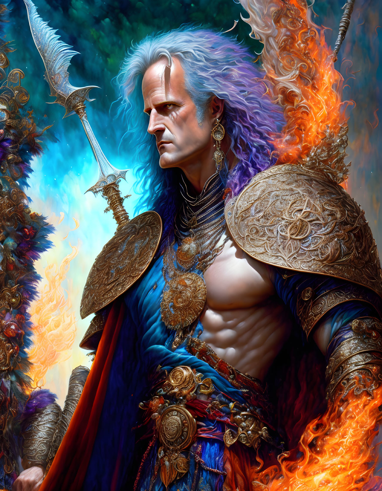 Silver-Haired Warrior in Flaming Armor and Feathered Adornments