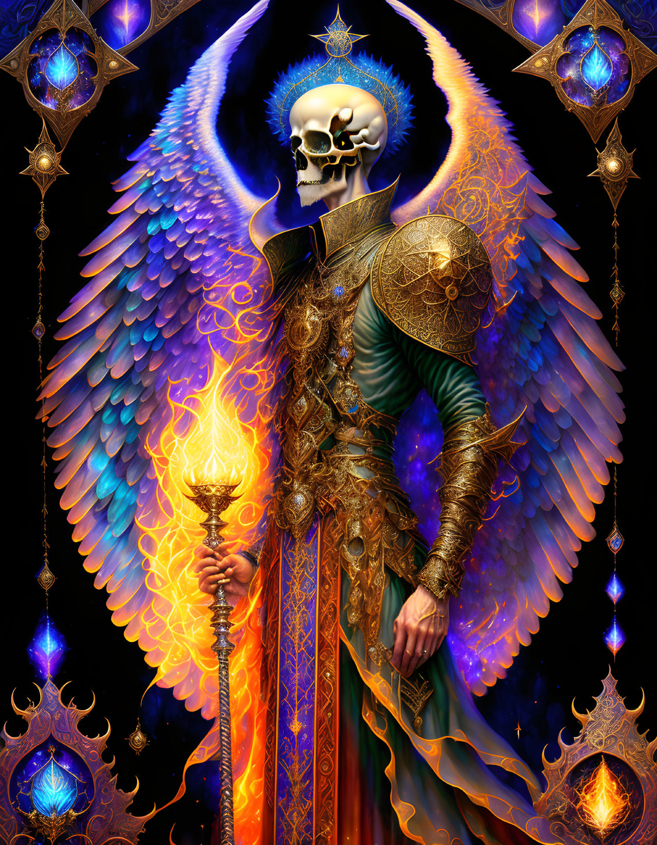 Detailed illustration: Skeleton in ornate armor with fiery wings and staff on mystical background