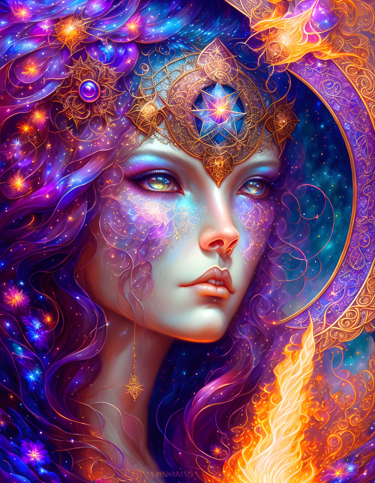 Fantasy illustration of female figure with purple hair and celestial jewelry