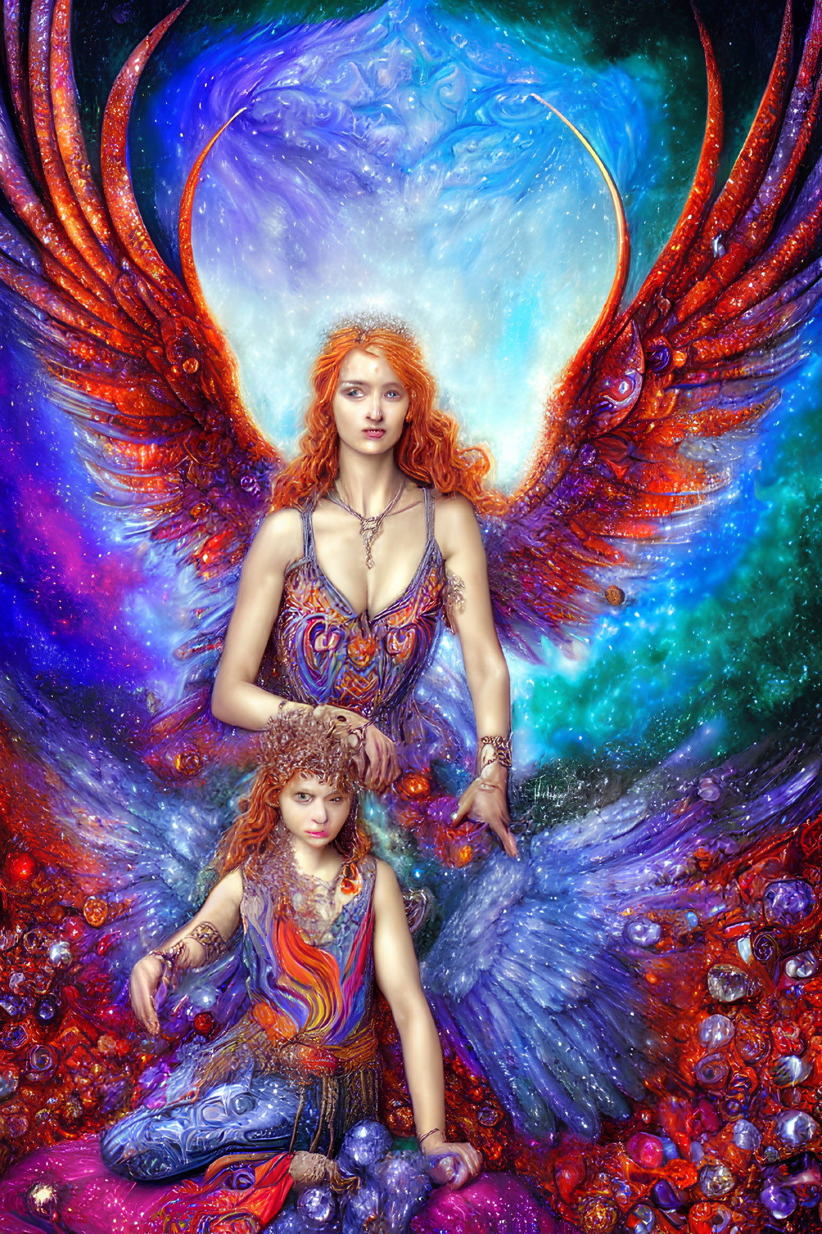 Two women in ornate clothing against cosmic backdrop.