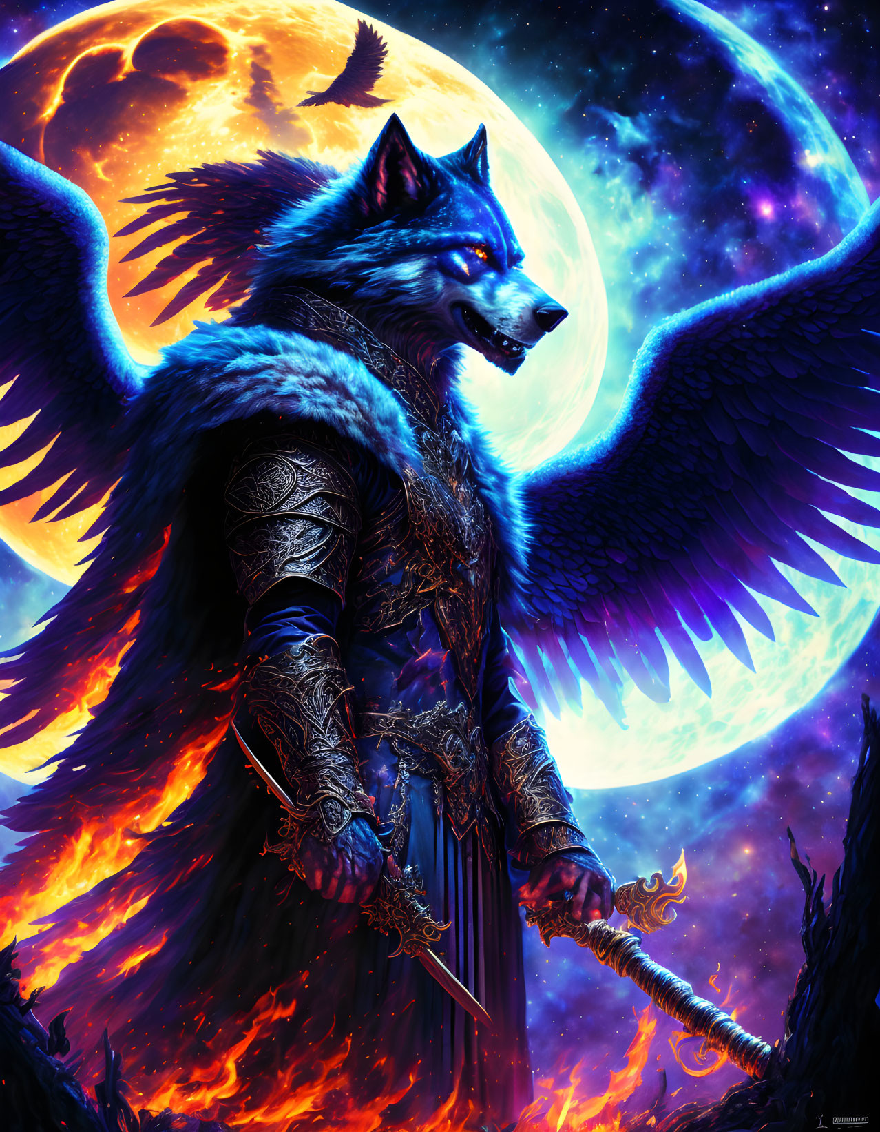 Anthropomorphic wolf with wings in ornate armor against fiery landscape