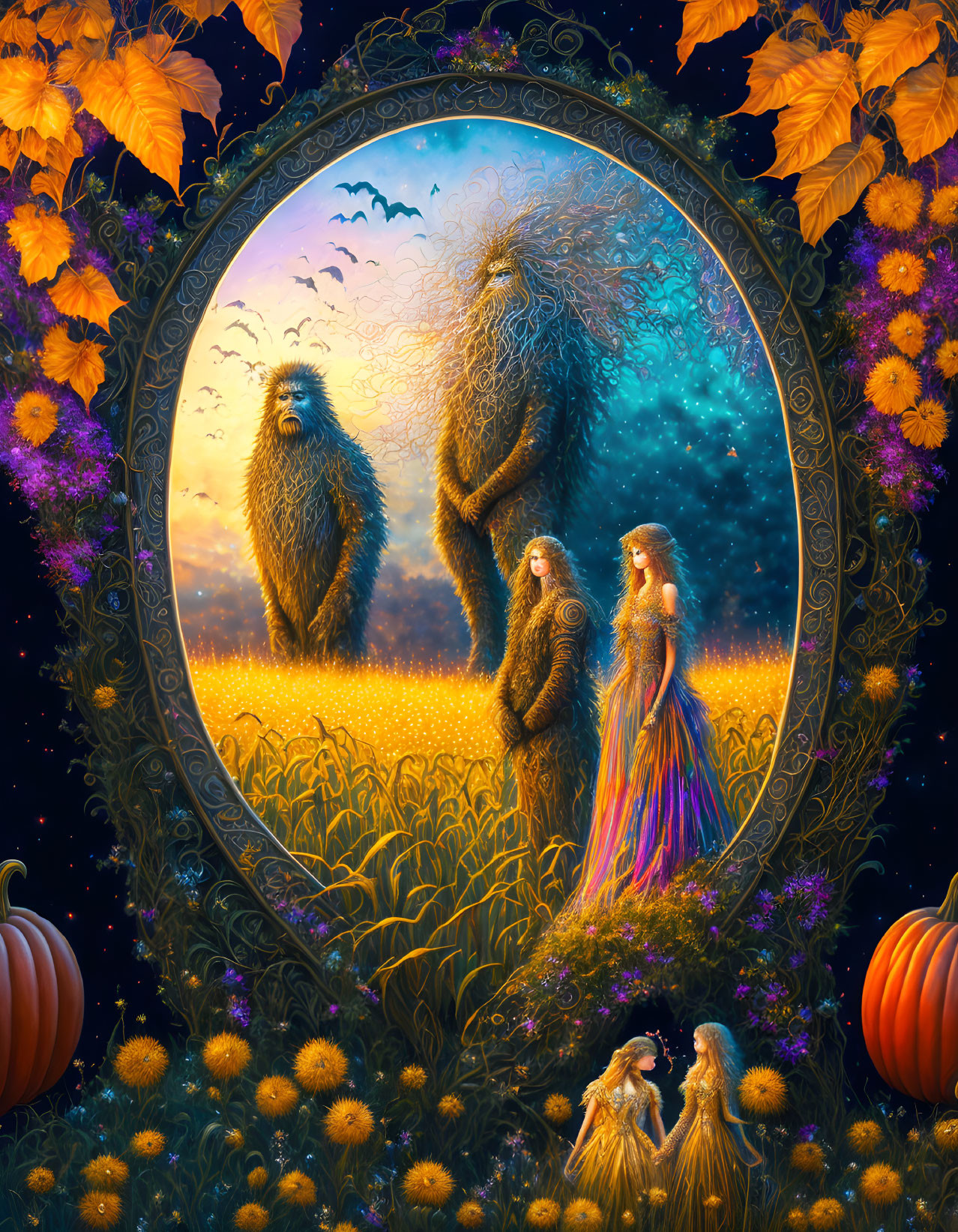 Fantasy mirror reflects colorful creatures in twilight field with sunflowers, pumpkins, and autumn leaves under