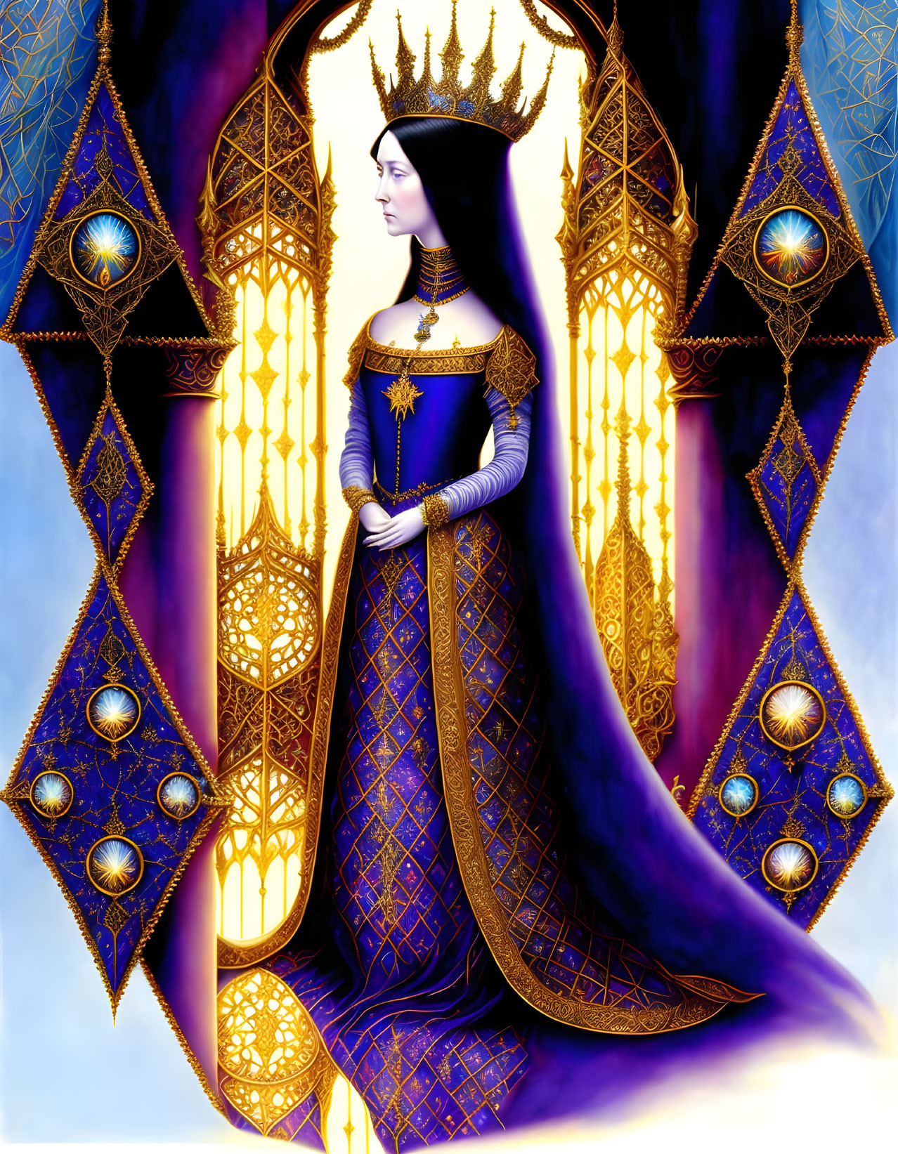 Regal Figure in Blue and Gold Gown with Crown on Gothic Backdrop