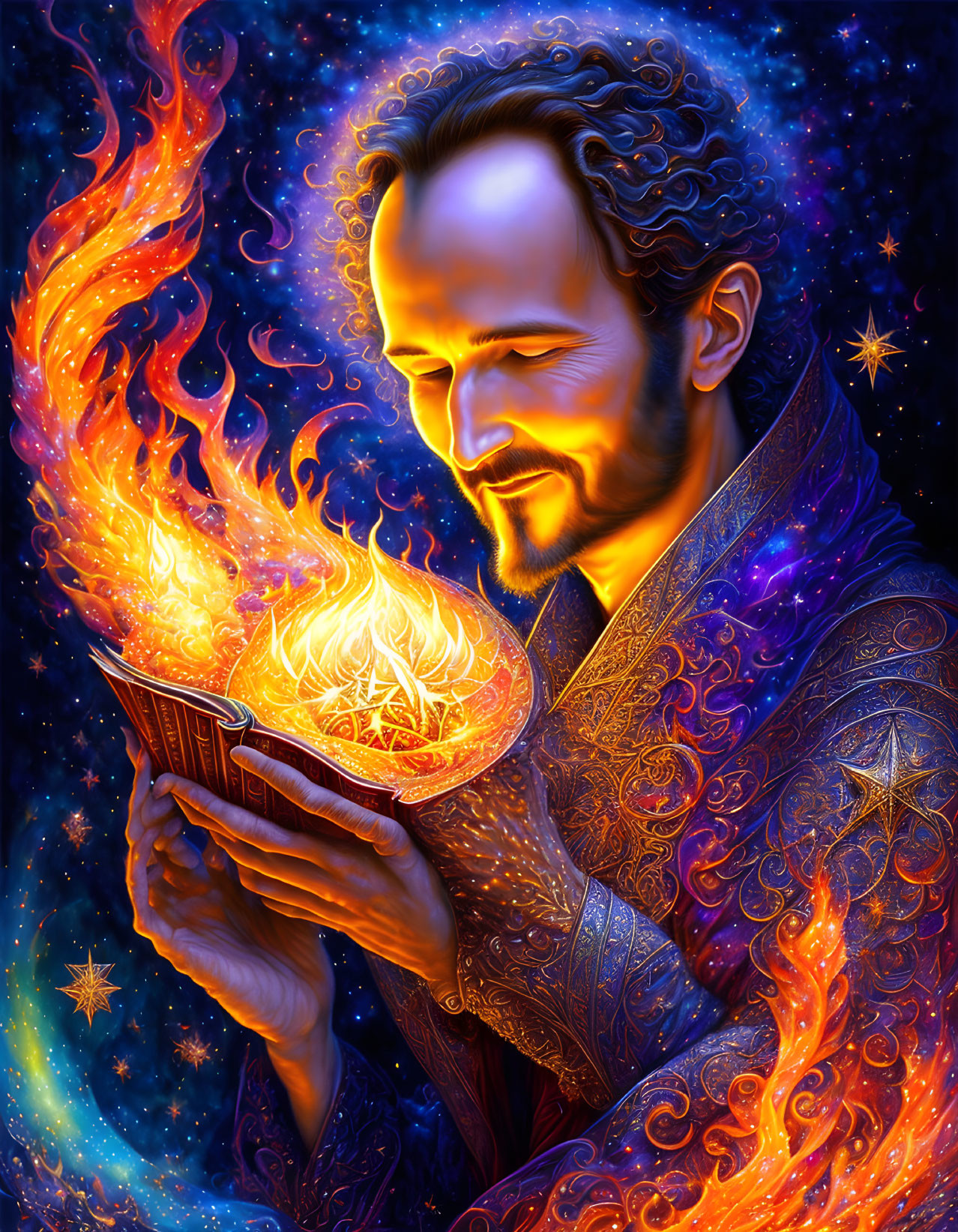 Mystical figure with flame book and galaxy background