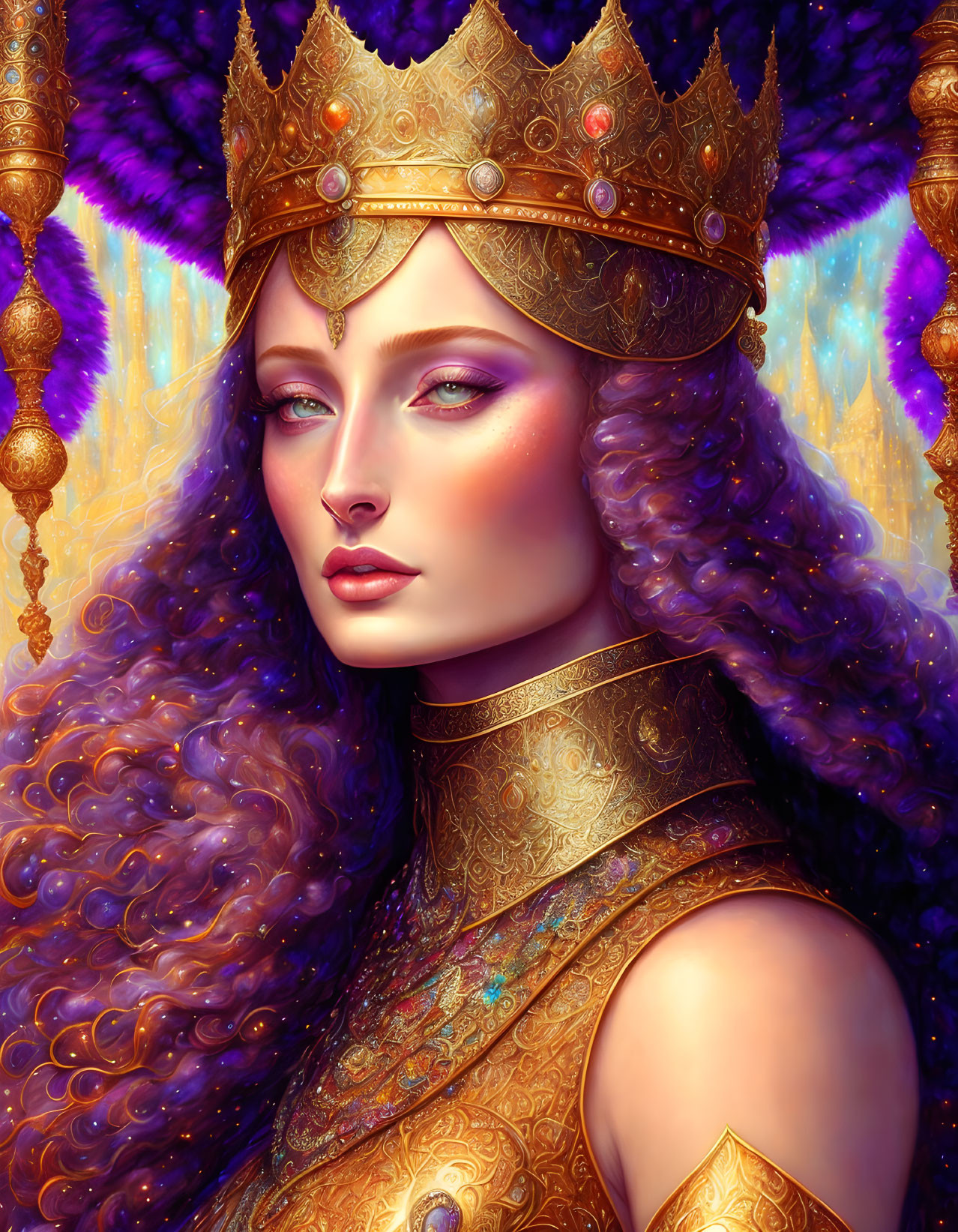 Regal female figure with curly hair and golden crown in elegant gold armor