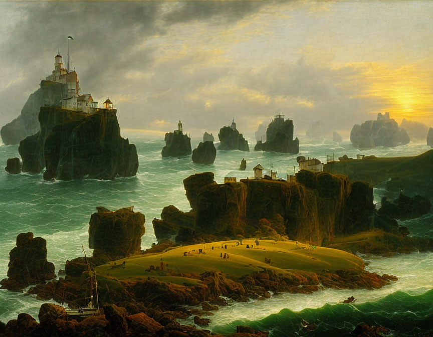 Coastal Seascape Painting with Lighthouse, Islands, and People