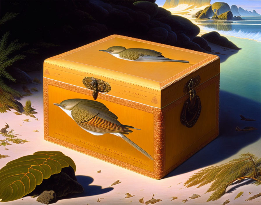 Ornate orange box with bird illustrations on surreal sunset beach