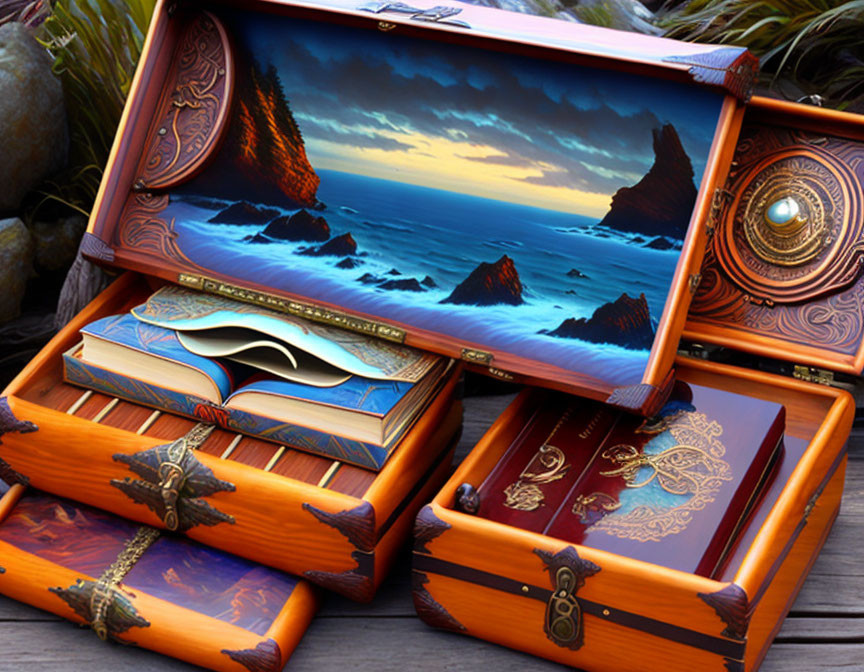 Intricately Decorated Wooden Chests with Maritime Designs