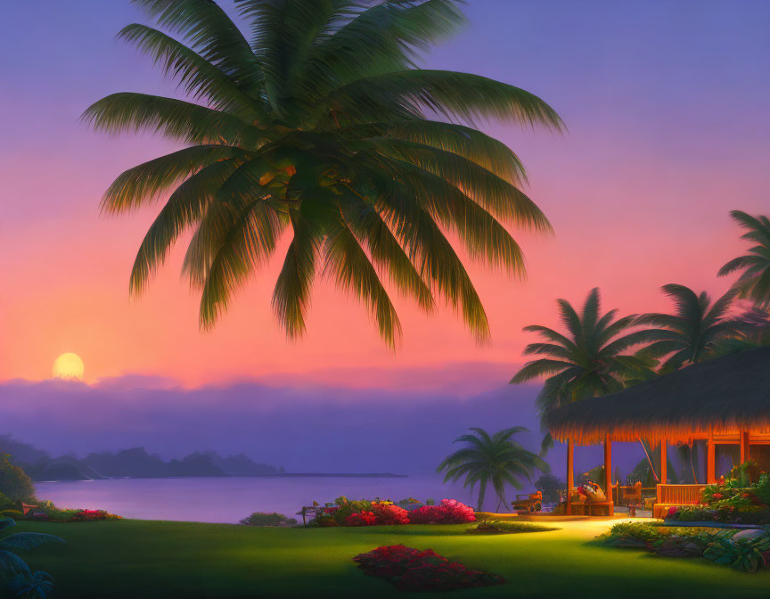 Tropical sunset with palm trees, hut, and flowers by calm water