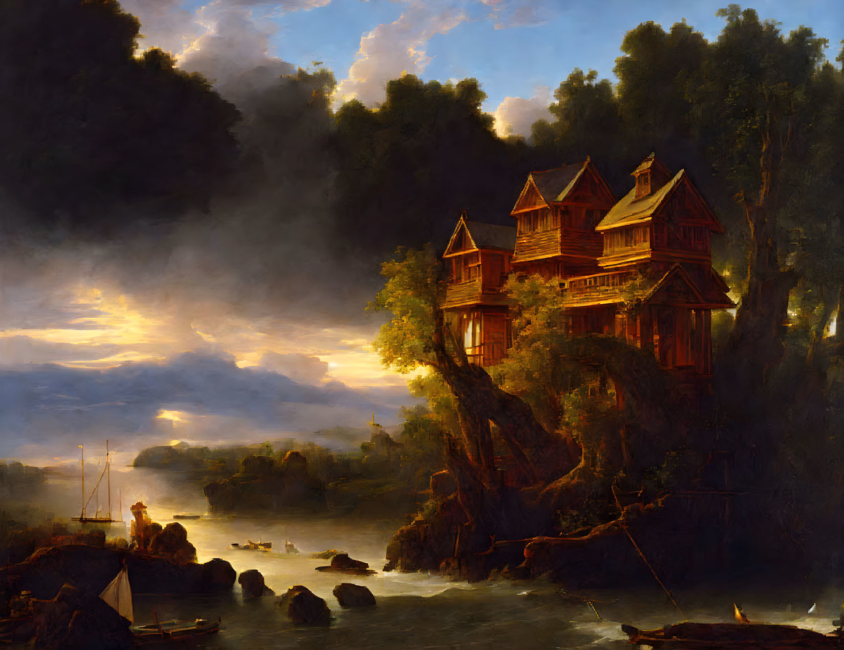 Rustic house on cliffs at sunset with lone figure by boat