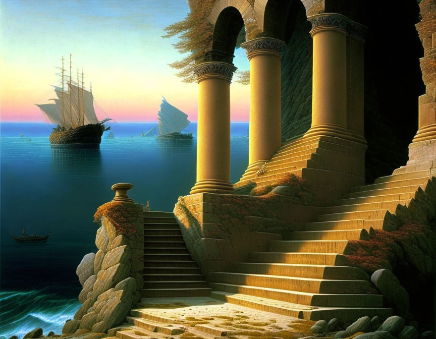 Seascape with sailing ships viewed from stone staircase at sunrise or sunset