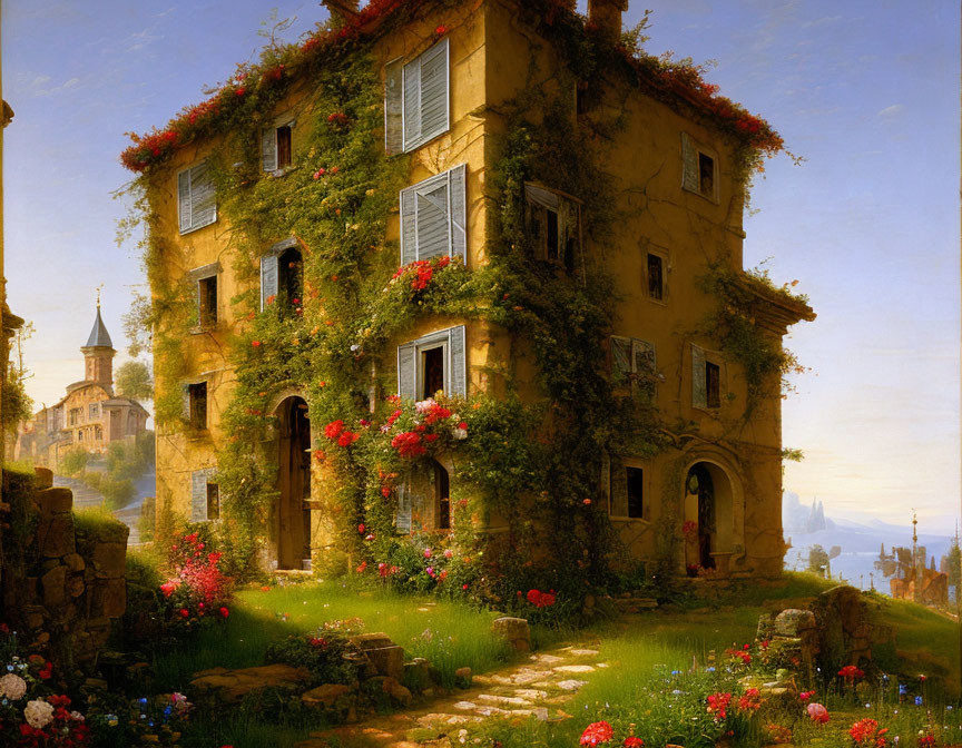 Ivy-covered building with blossoming flowers in serene landscape