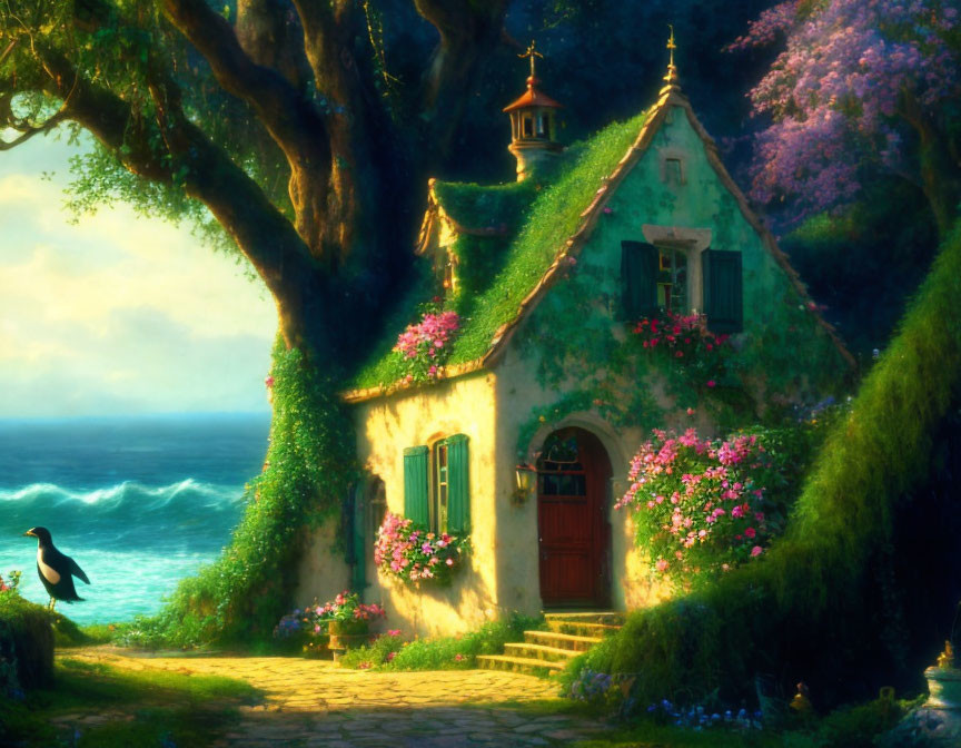 Seaside cottage surrounded by greenery, flowers, and birds under a tree canopy