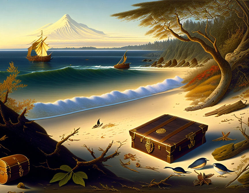 Beach scene with treasure chest, fish, ships, and volcano