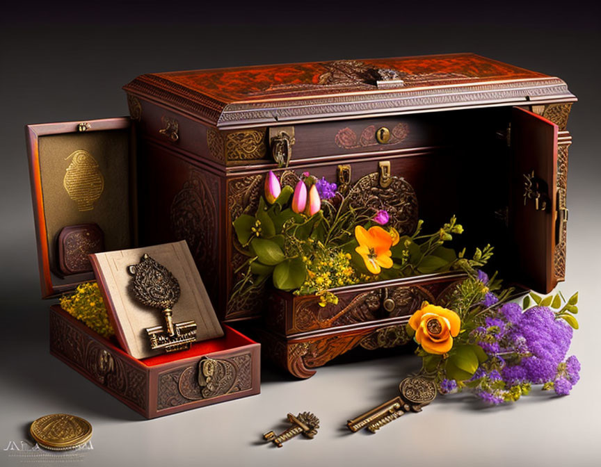 Ornate antique wooden chest with intricate carvings, colorful flowers, small box, and keys