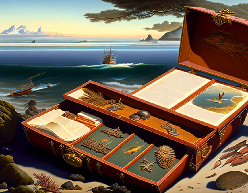 Ornate chest with book compartments on ocean with ships & rocky shores at dusk