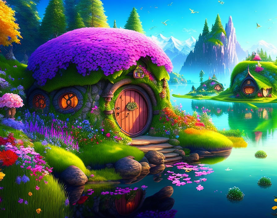 Fantasy landscape with whimsical houses, lush greenery, blooming flowers, clear waters, and