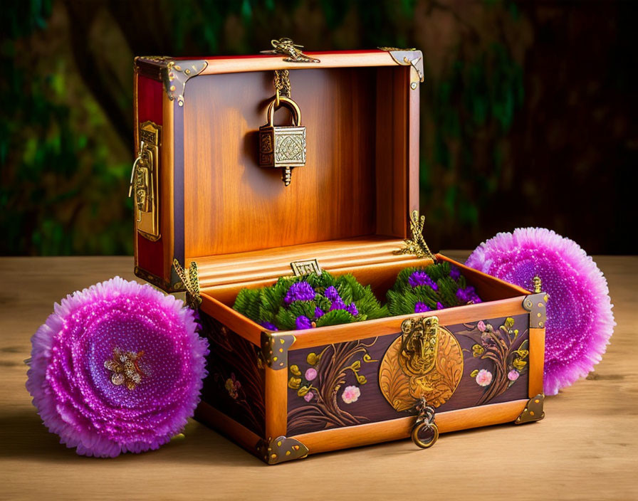 Decorative Wooden Chest with Metalwork and Painted Flowers, Green Interior and Purple Flowers