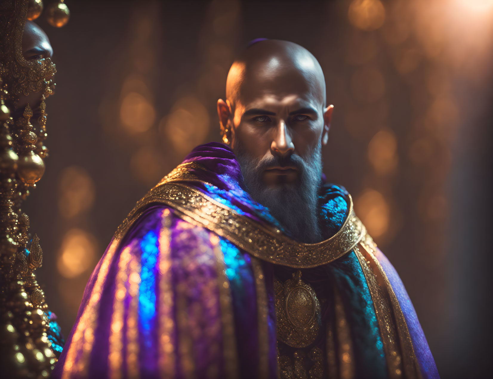 Bearded man in purple and gold robes under soft light