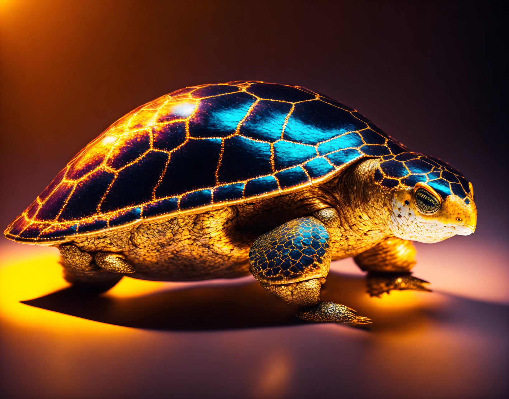 Digitally enhanced turtle with glowing blue and orange shell in dramatic studio lighting