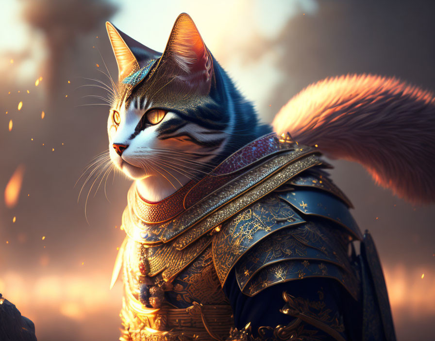 Digital illustration: Majestic cat in medieval armor on fiery backdrop