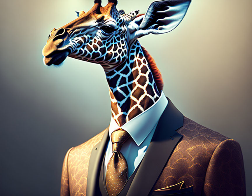 Surreal illustration: Giraffe with human body in stylish suit