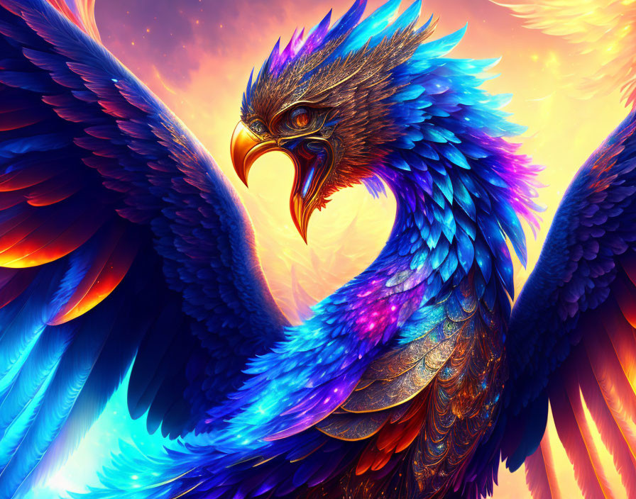 Colorful Phoenix Spreading Wings in Fiery Background