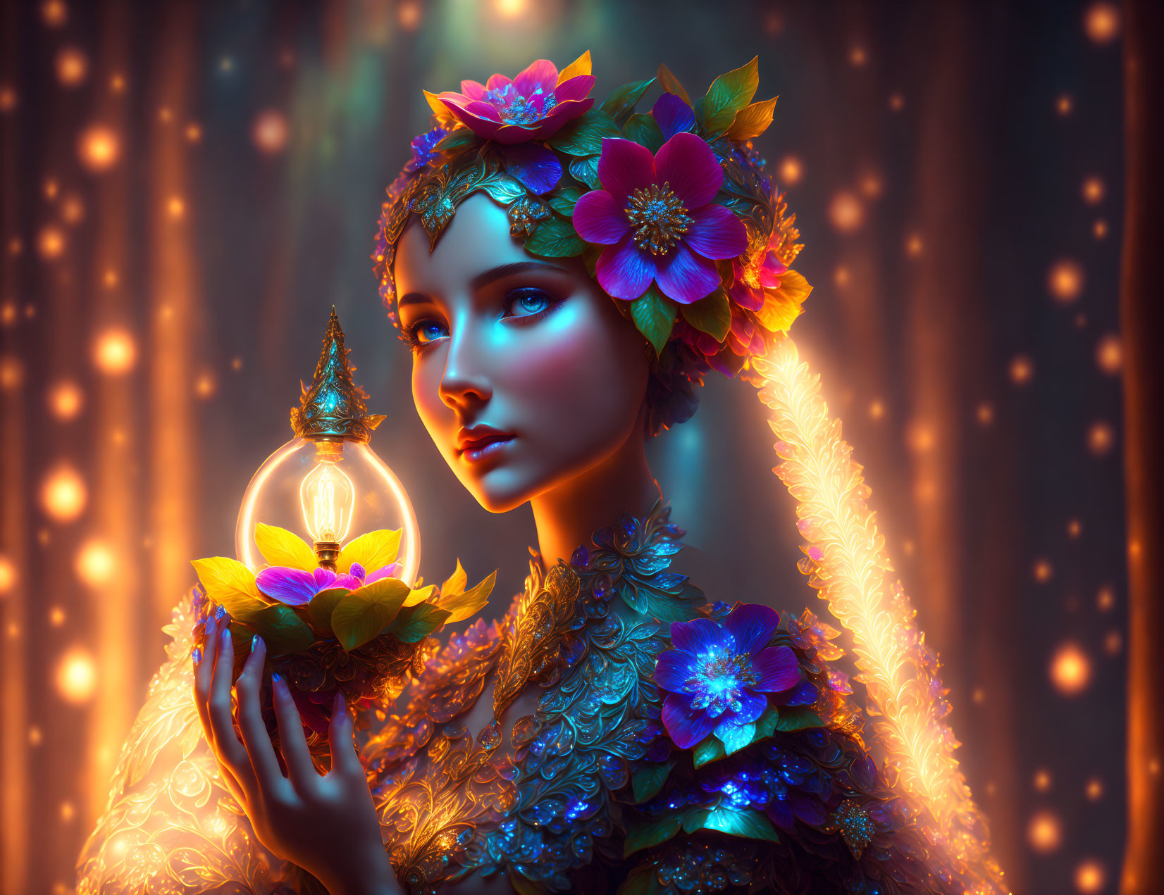 Colorful Flower-Adorned Woman Holding Lightbulb with Miniature Tree