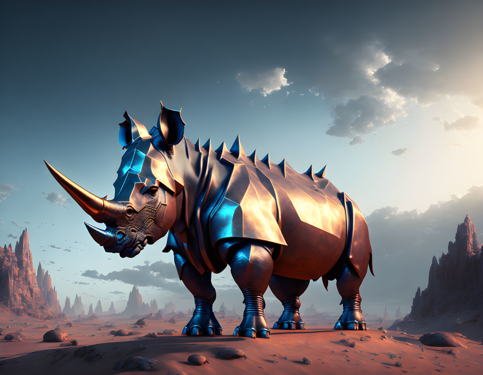 Metallic Blue Rhinoceros in Desert Landscape with Armor Plating