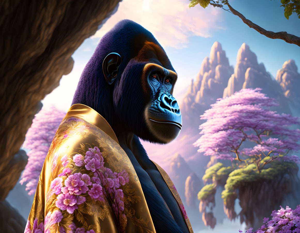 Majestic gorilla in golden floral robe with pink blossoming trees