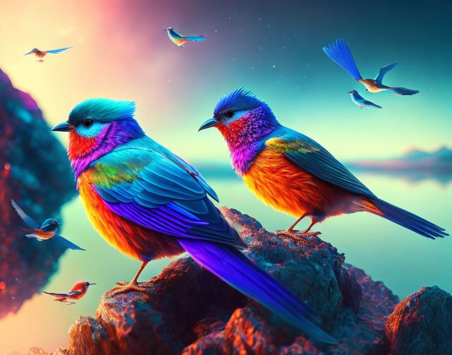 Colorful Birds Perched on Rock in Surreal Landscape