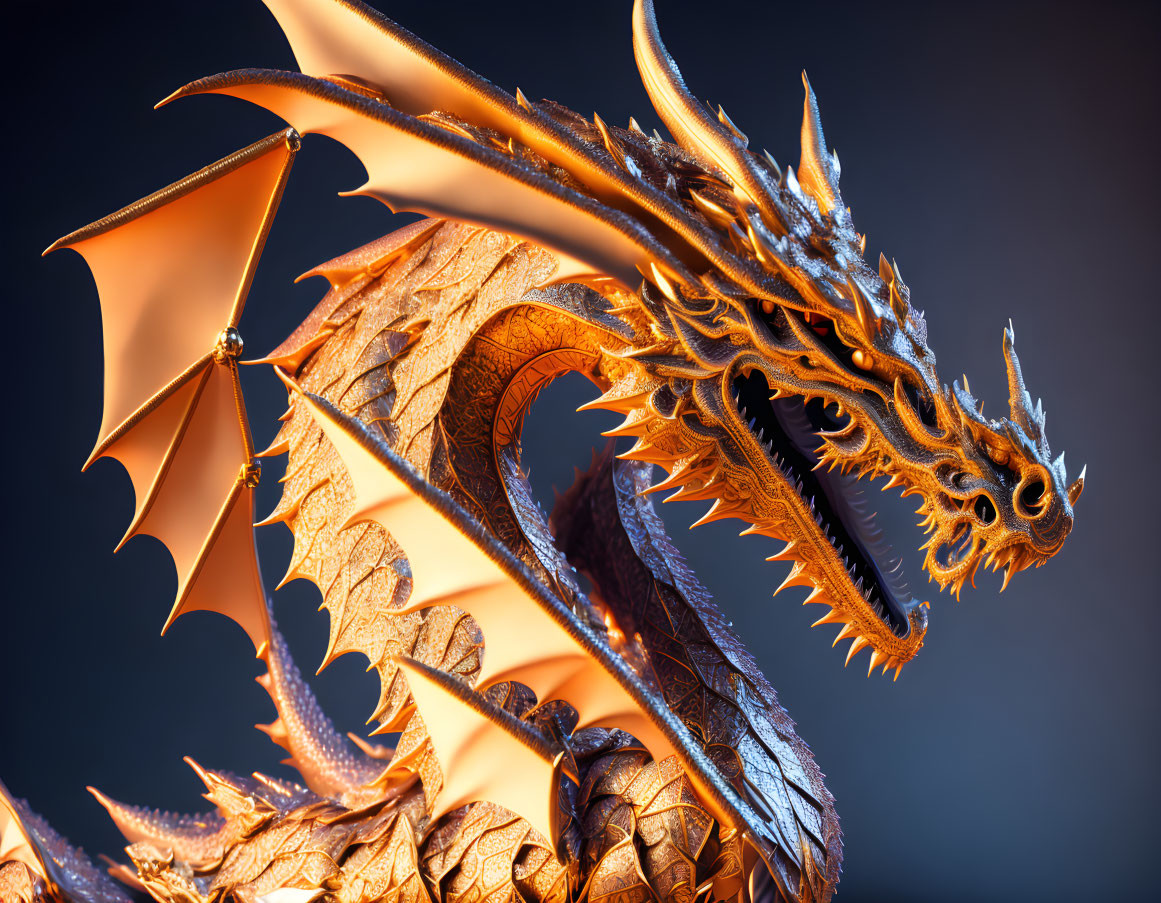 Detailed Golden Dragon with Large Wings on Blue Background