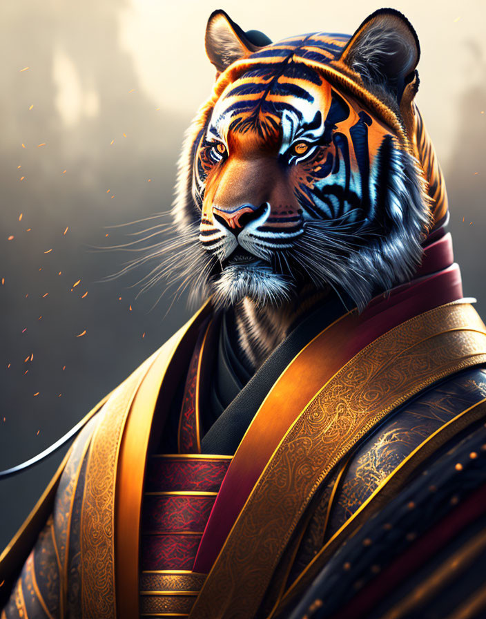 Illustration of tiger in East Asian attire against soft background