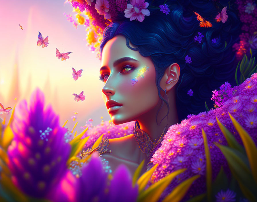 Colorful woman with blue hair among purple flowers and butterflies in sunset scene