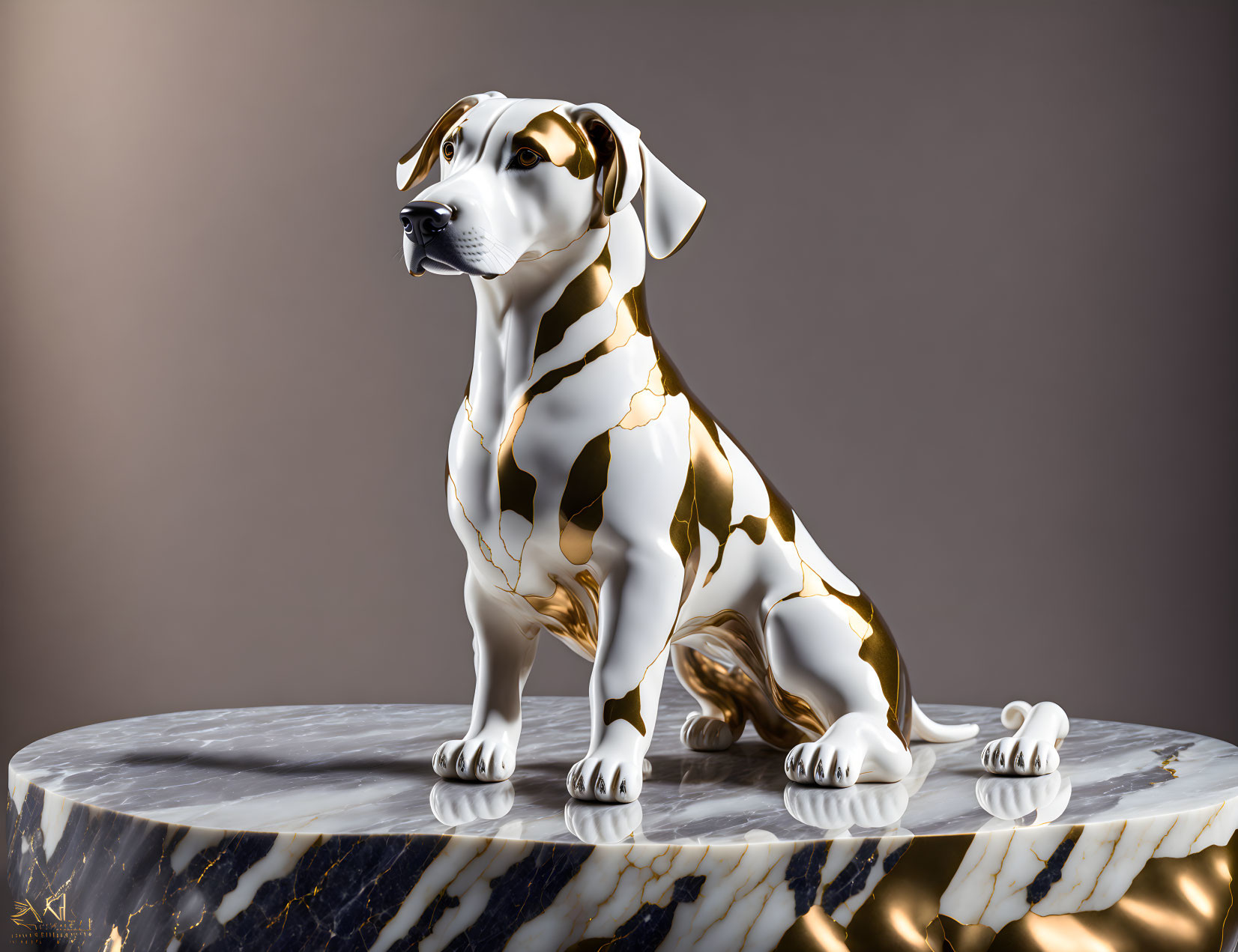 White and Gold Marbled Sitting Dog Sculpture on Marble Pedestal