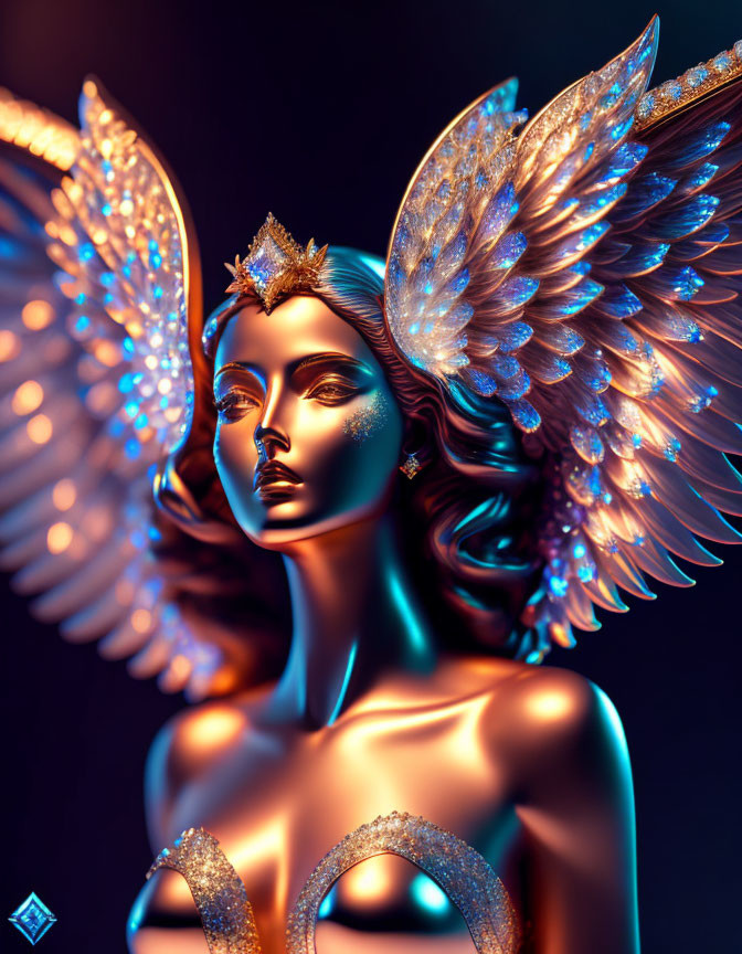 Stylized digital art: Female figure with golden wings and crown on blue background