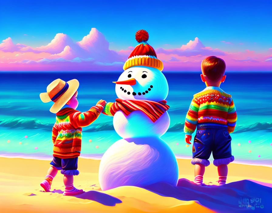 Children in colorful sweaters with snowman on beach under blue sky.