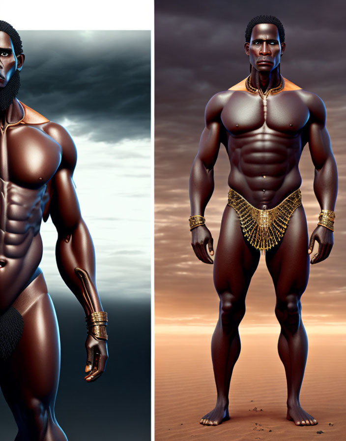 Muscular African man in golden jewelry against stormy sky and desert.