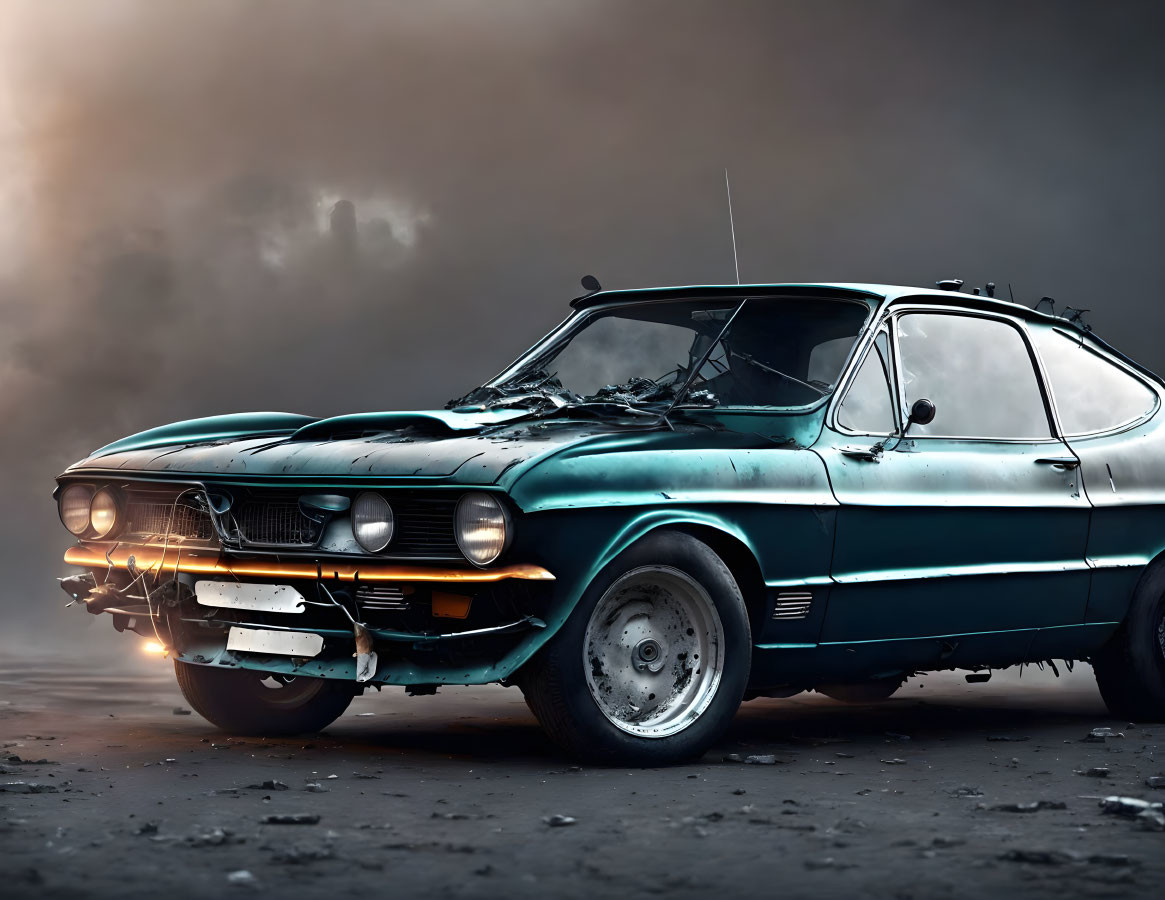 Vintage Car with Damaged Hood and Broken Headlights under Dramatic Sky