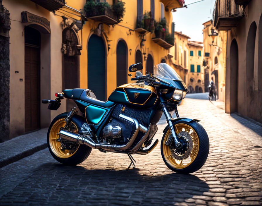 Sleek Motorcycle Parked on Cobblestone Street in European Setting