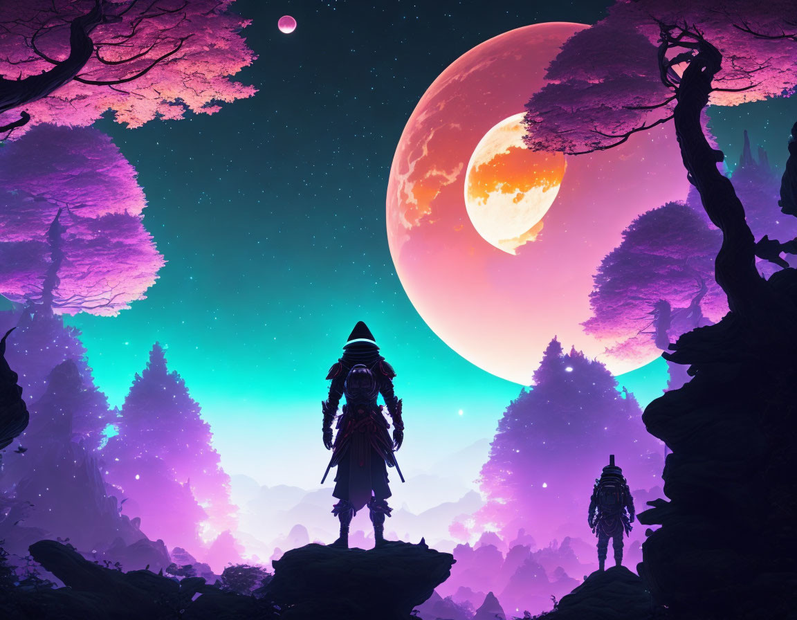 Armored figure on cliff gazes at pink moon and silhouetted trees