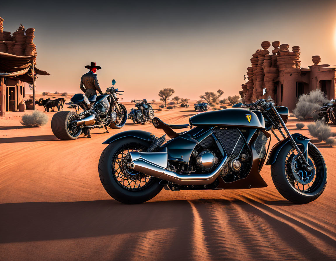 Group of motorcycles and riders in desert sunset scene